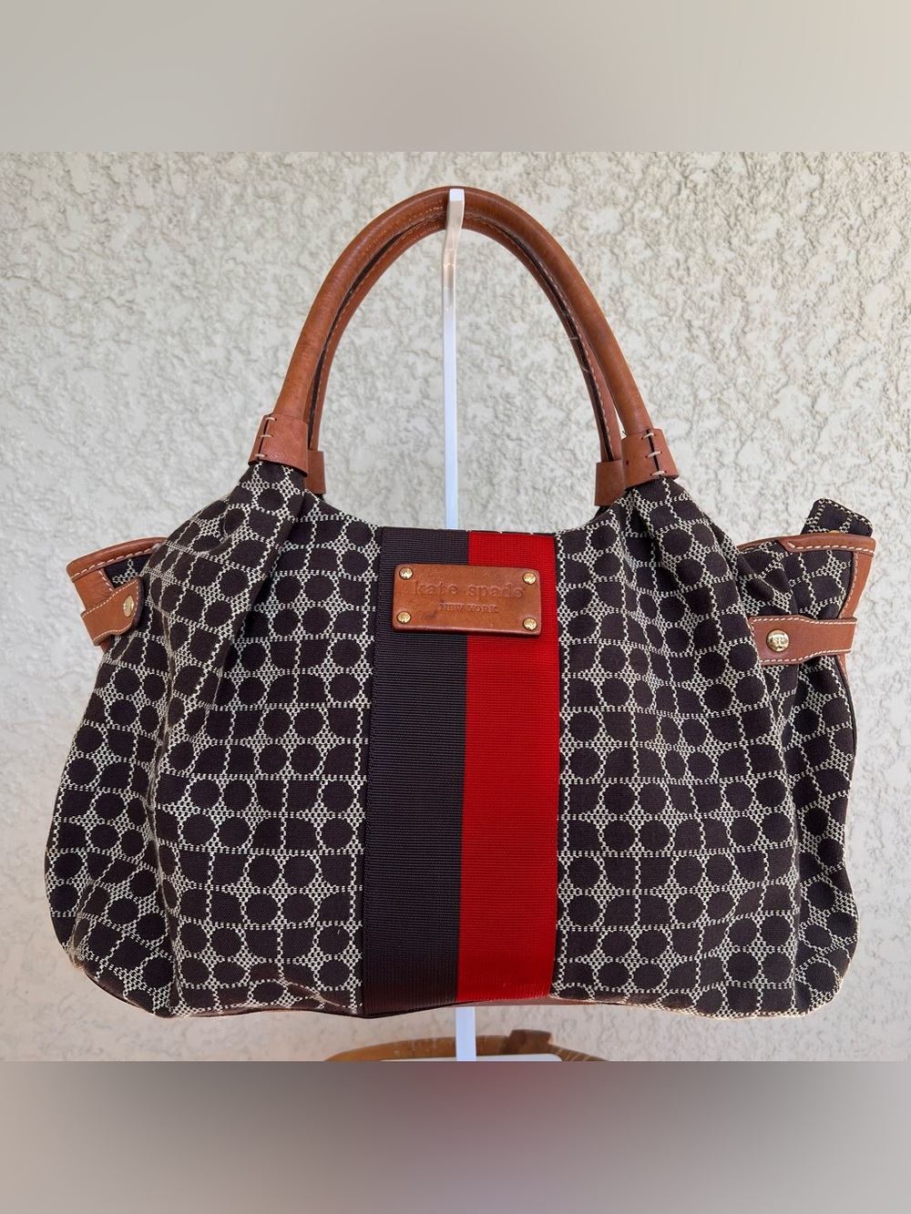 kate spade Brown Canvas Tote with Red and Black Center Stripe